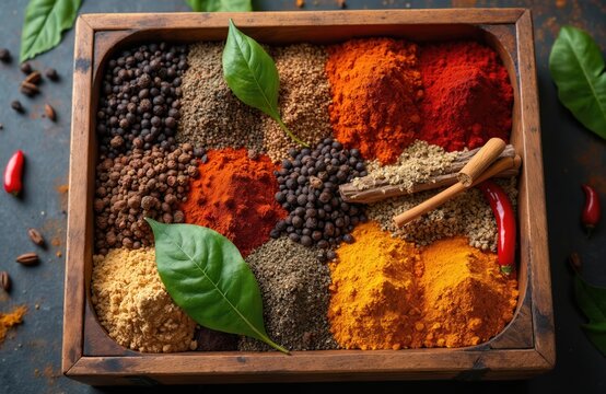 Wooden tray holds assortment colorful spices leaves. Spices include peppercorns chili powder. Indian cuisine herbs, ingredients in box. Flavors aromas texture in kitchen. Food preparation cooking