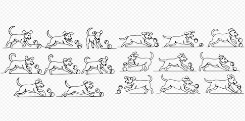 Line art animation frames of a dog playing with a ball, showing various running, jumping, and interacting poses in a dynamic sequence.