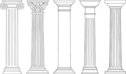 Classical Architectural Column Orders Vector Set, Greek Roman Pillars, Line Art Outline, Doric, Ionic, Corinthian Columns, History Illustration