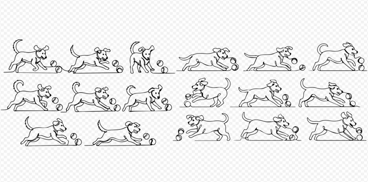 Line art animation frames of a dog playing with a ball, showing various running, jumping, and interacting poses in a dynamic sequence.
