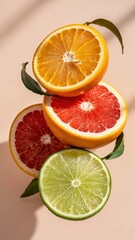 Fototapeta premium Vibrant Citrus Fruit Stack: Orange, Grapefruit, and Lime Slices