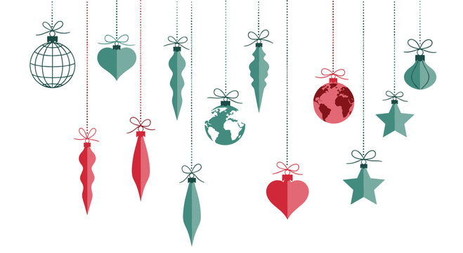 A collection of modern Christmas ornaments in red and teal, including hearts, stars, icicles, and globes, hanging from dotted lines on a white background.