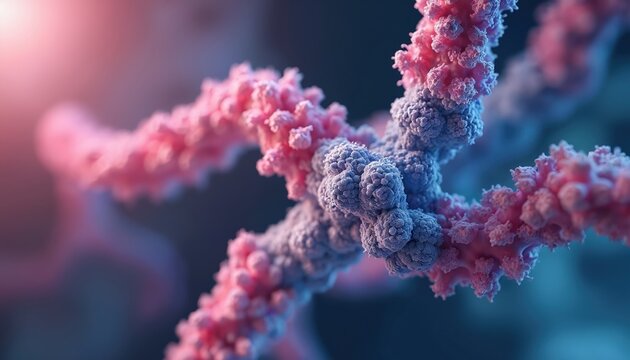 3D render shows intricate antibody molecule interacting with antigen molecule. Vibrant immune system response visualization at cellular level. Abstract scientific illustration visualizes complex