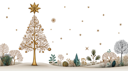 Golden christmas tree , cute line drawing clipart isolated on transparant background.	