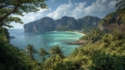 Scenic view of loh samah bay with turquoise waters, limestone cliffs, and lush tropical vegetation on phi phi island, thailand, featuring calm seaside reflections and clear sky