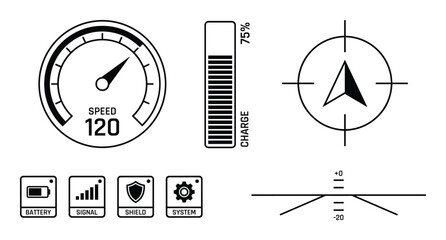 Speedometer displaying 120 with charge and various status icons on a white background