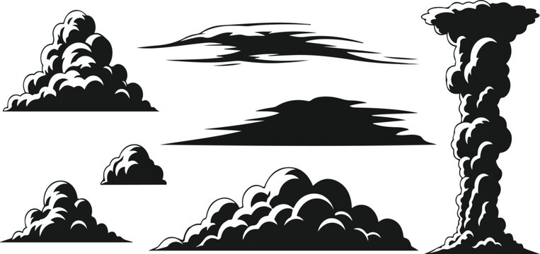 Collection of stylized cloud illustrations in black and white, including cumulonimbus, cirrus, and mushroom cloud shapes.