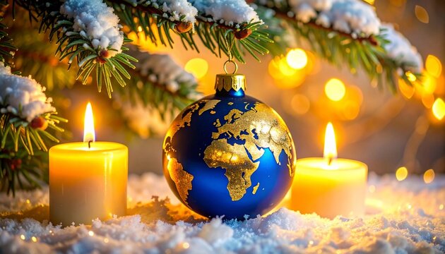 Globe-shaped Christmas ornament with gold continents hanging from snowy branch, candles in background.