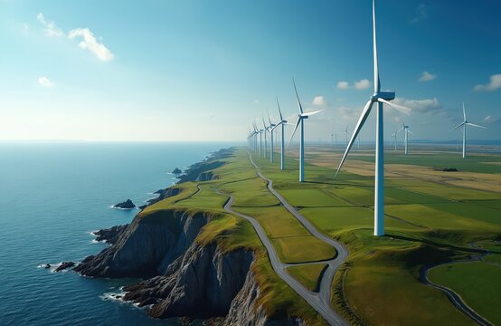 Aerial view shows wind turbine farm by sea. Renewable energy is generated by windmills. Green energy concept. Eco power turbines create clean energy on shore and in field.