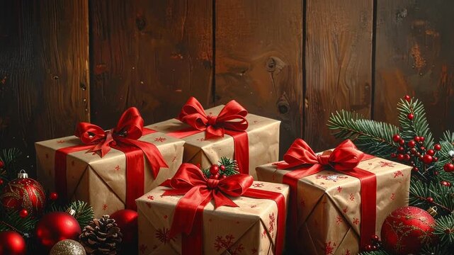 Regalos navide&ntilde;os festivos con cintas rojas rodeadas de decoraciones navide&ntilde;as en una mesa antigua de madera r&uacute;stica.