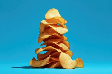 A tall stack of potato chips against a bright blue background