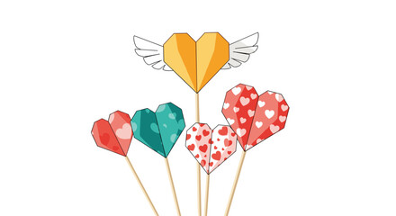 Colorful origami hearts on sticks, featuring a large yellow winged heart and smaller patterned red and teal hearts, perfect for Valentine's Day.