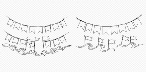 Hand-drawn outline illustration of decorative pennant flags and small flags with wavy elements, perfect for celebrations and nautical themes.