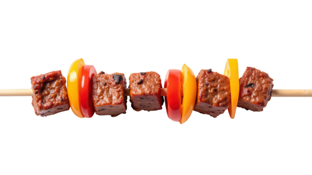 Grilled skewers with colorful vegetables and savory meat cubes create delicious and appetizing dish. Perfect for barbecues and gatherings