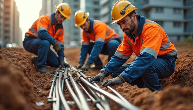 Workers in uniform with helmets lay cables in ditch. Men install fiber optic internet wires underground in city. Tech team builds network infrastructure, connects urban areas for future communication.