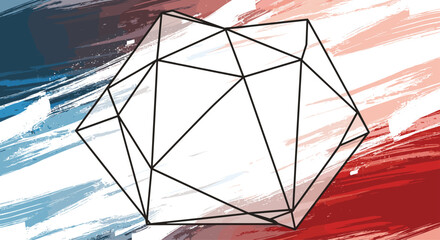 An abstract wireframe geometric shape sits on a textured background featuring bold brush strokes of blue, white, and red.