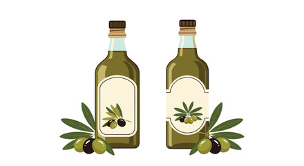 Two stylized bottles of olive oil with decorative labels and fresh green and black olives, set against a clean white background.