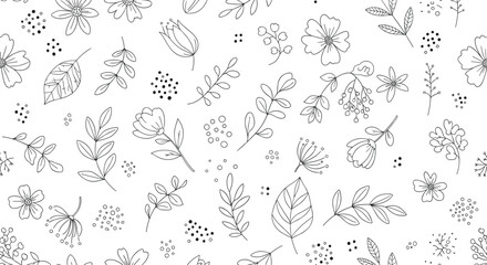 Monochrome botanical seamless pattern with minimalist hand-drawn flowers, leaves, and berries, scattered across a white background for a gentle and natural aesthetic.