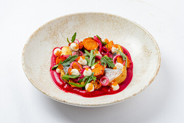 Brightly colored vegetables arranged artistically on a creamy sauce with fresh herbs for garnish