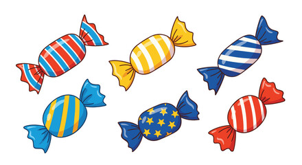 A collection of colorful wrapped candies featuring stripes and star patterns on a white background.