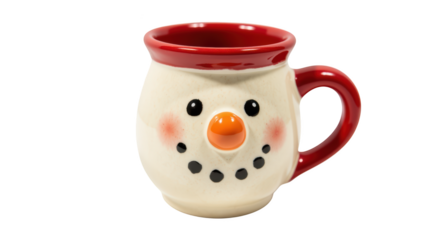 Cute snowman mug with red handle and cheerful face, perfect for holiday beverages