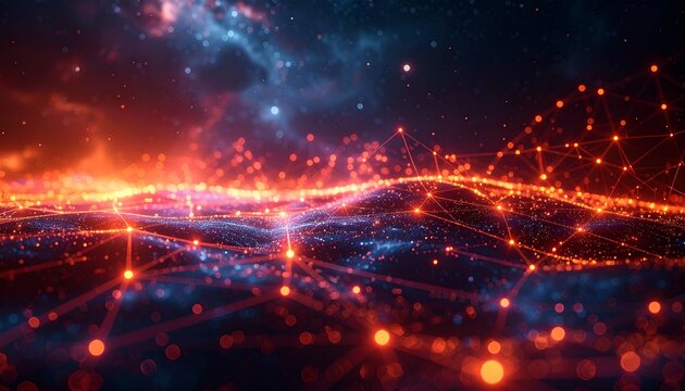 Red-orange data mesh glowing over cosmic surface