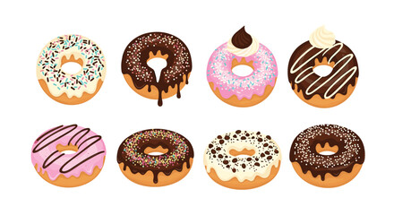 A delightful collection of eight freshly baked, sweet donuts with various colorful glazes and delicious toppings, isolated on white.