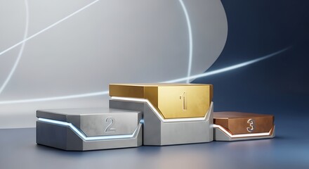 Futuristic 3D rendering of a champion's podium with glowing digital light lines, symbolizing victory and success in a modern competition