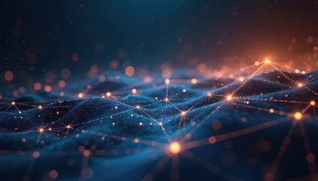 Abstract digital network grid with glowing nodes and lines across textured surface. Futuristic technology concept with illuminated data points and connections forming a wave like pattern.