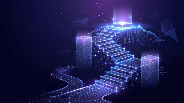 Low Poly Wireframe Career Success Steps. Digital Path, Business Development and Futuristic Technology Concept.