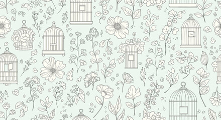 Seamless pattern with elegant vintage birdcages and delicate botanical illustrations of flowers and leaves on a soft pastel background, perfect for textile design.