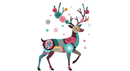 Whimsical deer with ornate, colorful patchwork patterns, floral antlers, and surrounding snowflakes on a white background.