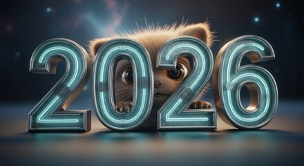 Futuristic 2026 Neon Numbers in Glowing 3d Typography with Stage Lighting.