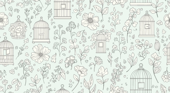 Seamless pattern with elegant vintage birdcages and delicate botanical illustrations of flowers and leaves on a soft pastel background, perfect for textile design.