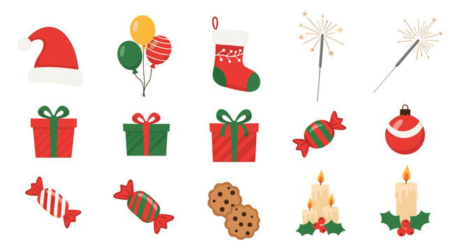 A collection of festive Christmas holiday decorations and treats, including gifts, candles, ornaments, and sweets, on a white background. - Powered by Adobe
