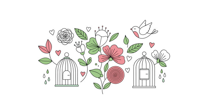 Charming hand-drawn illustration depicting a delightful arrangement of flowers, leaves, hearts, two birdcages, and a free-flying bird.