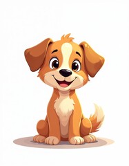 Fototapeta premium Cute cartoon dog sits on white background. Friendly puppy with happy face and big eyes looks directly at viewer. Adorable animal character for kids content.