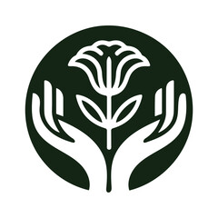 Hands holding flower logo, nature care and wellness symbol, charity and environment protection vector icon, organic growth concept.