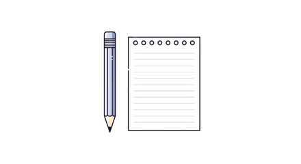A simple flat design illustration of a grey pencil standing next to a blank lined notepad, ready for writing or taking notes.