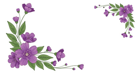 Elegant purple floral arrangements with green leaves decorating two corners of a white background, creating a beautiful border or frame effect.