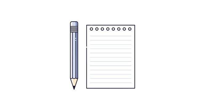 A simple flat design illustration of a grey pencil standing next to a blank lined notepad, ready for writing or taking notes.