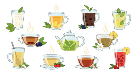 A collection of colorful and flavorful tea illustrations, featuring hot and cold beverages with various fruits, herbs, and flowers.