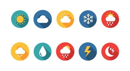 Diverse set of modern flat design weather icons showcasing different atmospheric phenomena, including sunny, cloudy, rainy, snowy, and stormy conditions.