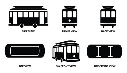 Set of simple black vector icons illustrating various views of a classic tram or trolley car for design projects