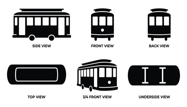 Set of simple black vector icons illustrating various views of a classic tram or trolley car for design projects