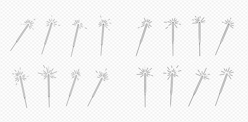 Set of realistic sparklers with glowing sparks and light effects on transparent background.