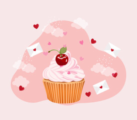 Cherry cake on a pink background surrounded by clouds and hearts Vector background Vector Holiday banner Holidays in February