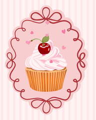 Decorative card for Valentine's Day Cherry cake in a frame Vector Holiday banner Holidays in February