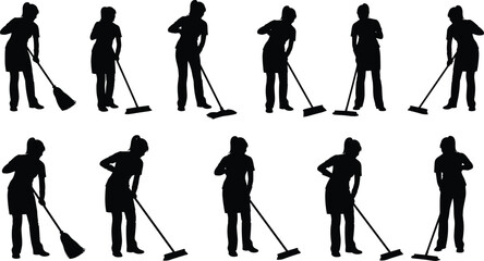 Fototapeta premium Silhouette of person sweeping and mopping, black vector illustration, cleaning poses, floor care gesture, household chore activity
