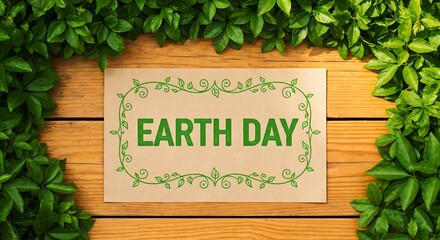 Earth day message surrounded by green leaves on a wooden background